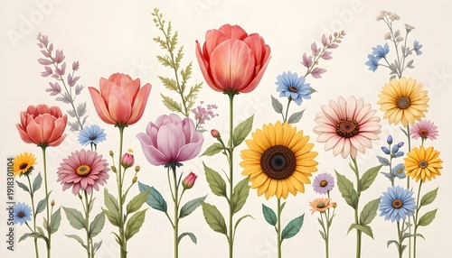 Colorful Wildflower Garden Border with Tulips, Daisies and Sunflowers – Soft Pastel Spring Meadow Illustration, Delicate Floral Arrangement Isolated on Light Background