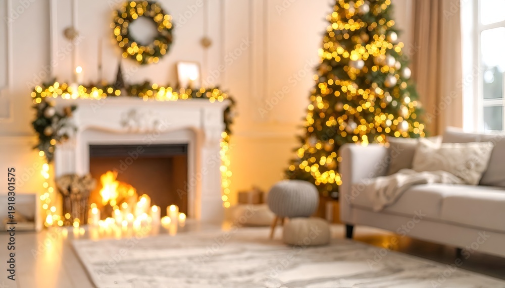 Fototapeta premium Cozy holiday living room adorned with lights, a tree, and a warm fireplace ambiance