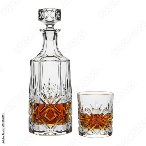 A glass decanter and a glass with whiskey on a white background