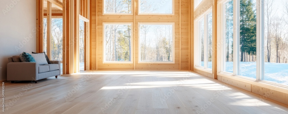 Fototapeta premium Sunlit Wood Interior with Forest Views, Minimalist Living Room, Scandinavian Design, Cozy Hygge, Bright Natural Light, Nordic Style, Wood Cabin