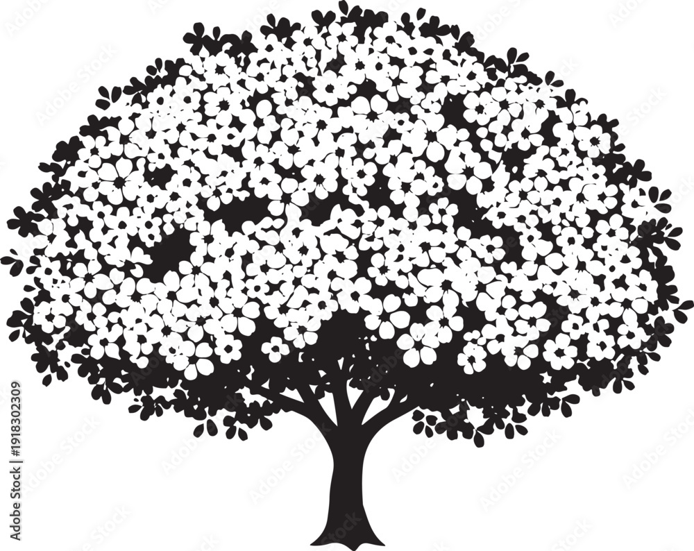 Fototapeta premium Dense, blooming tree silhouette in black and white, densely packed with small flowers, symbolizing abundance and nature.