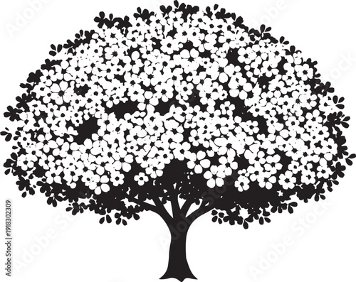 Dense, blooming tree silhouette in black and white, densely packed with small flowers, symbolizing abundance and nature.