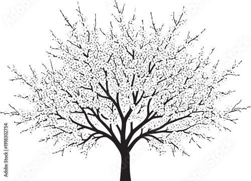 Black and white silhouette of a blooming tree with delicate flowers and intricate branches against a clean white background, evoking spring and nature's renewal.