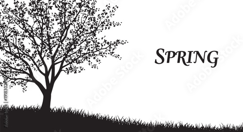 Black silhouette of a lush, flowering tree with detailed branches and a grassy foreground, set against a white background with the word 'SPRING' signifying the season's arrival.