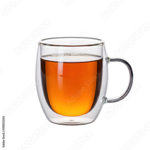 A glass mug of tea on a white background