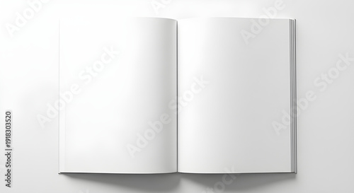 An open blank book with clean white pages lies flat on a white surface, ideal for writing, journaling or design mockups.