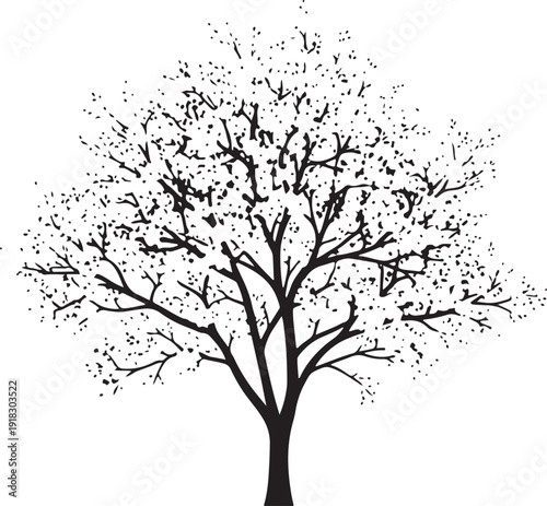 Detailed black silhouette of a mature, flourishing tree with dense foliage and many small blooms, set against a crisp white background, representing the peak of spring.