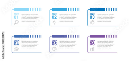 A collection of six numbered rectangular cards with colorful borders and text