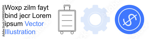 Travel planning, financial management, technology solutions, business operations, resource efficiency, process improvement. Luggage, gear icon and dollar sign symbol arranged in a row. Travel