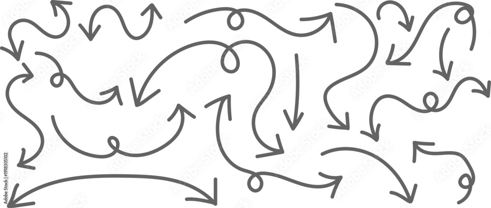 Fototapeta premium A complex network of arrows in various directions and sizes on a plain white background with no clear pattern or meaning