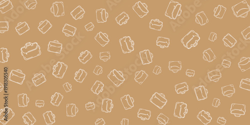 A pattern of coffee cups and beans on a beige background viewed from above