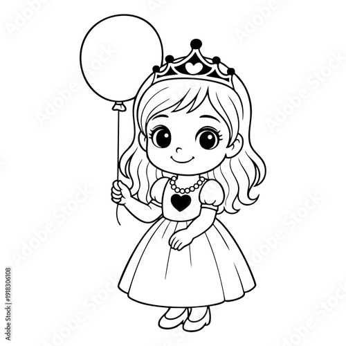 Charming hand-drawn illustration of a young princess wearing a crown and heart necklace, holding a magic wand, perfect for fairy tales and children's content.
