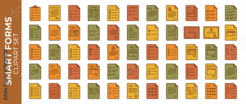 Vector icon set of 60 smart forms and business documents in flat design, featuring checklists, contracts, surveys, tax forms, and certificates in warm earthy colors for office and web design.