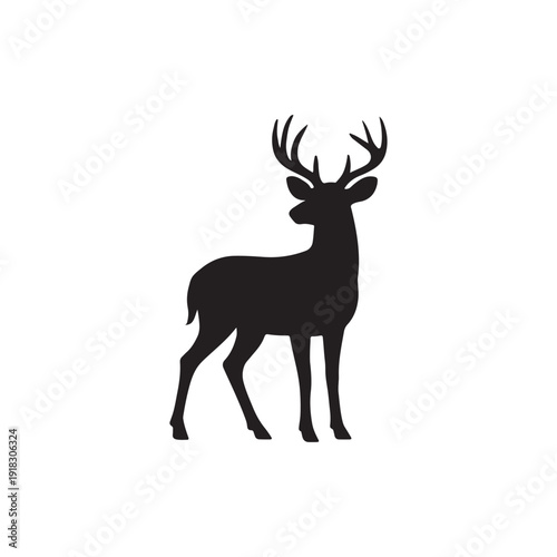 Alert white tailed male deer buck silhouette standing with head raised. Deer icon vector illustration.