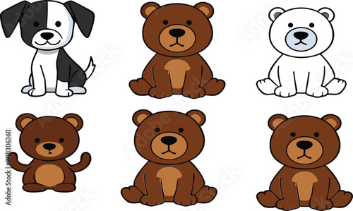 Cute teddy bear and puppy cartoon vector set with adorable animal characters for kids design collection