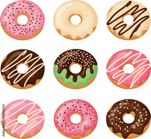 Colorful assorted glazed donuts collection with sprinkles and icing cartoon vector illustration sweet dessert set