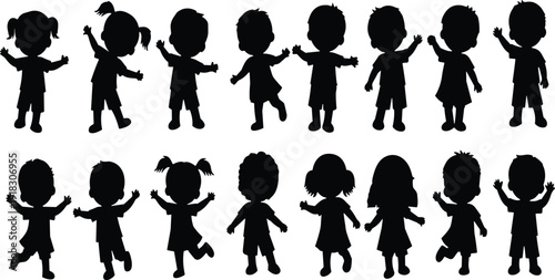 Kids silhouette collection vector set with happy children standing and playing isolated black shadow illustration