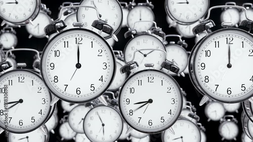 Black retro alarm clocks flying horizontally in a seamless loop. Ideal for deadline pressure concepts, time management, the uncontrollable passage of time, and Daylight Saving Time backgrounds.