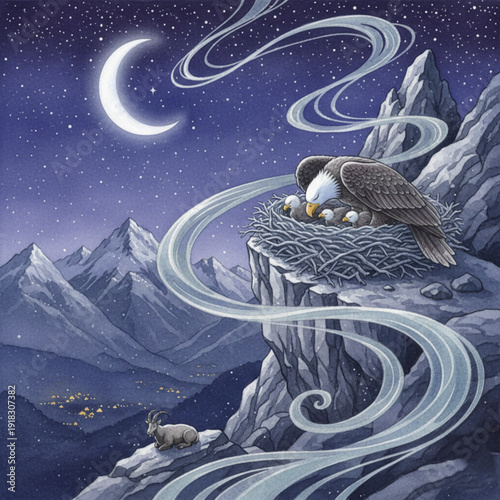 Illustration of a glowing moon shining in the night sky with birds flying across, creating a serene and atmospheric scene.