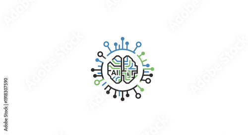 Abstract AI Brain Circuit Board Icon in Blue and Green on Isolated White Background, Representing Artificial Intelligence and Technology