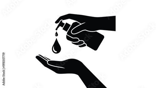 Hands using hand sanitizer from bottle, drops falling into palm for hygiene