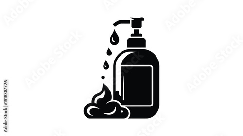 Liquid soap dispenser with foam and drops on white background, flat icon design