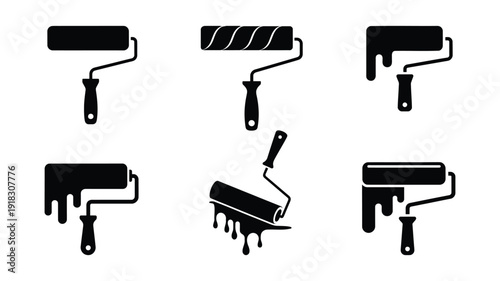 Collection of paint roller icons, various styles showing paint application