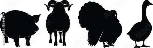 Collection of detailed black silhouettes of farm animals including a pig, ram, turkey, and goose, isolated on a white background for vector design.