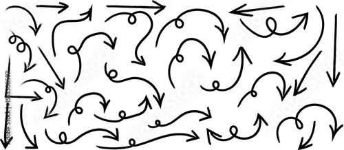 A complex pattern of arrows on a white background with various directions and shapes