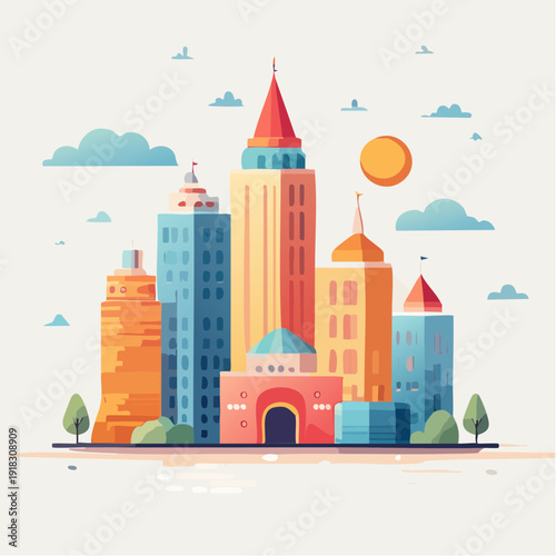 A vibrant cityscape illustration featuring a collection of colorful, stylized skyscrapers against a bright sky with fluffy clouds and a sun
