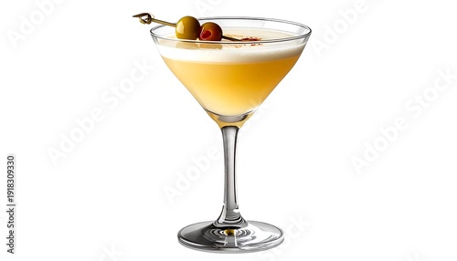 A tall, stemmed cocktail glass filled with golden liquid, adorned with olives and a red pepper flake garnish