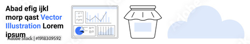 Analytics dashboard with charts and graphs, a jar showcasing simplicity, and a subtle cloud. Ideal for data management, cloud technology, simplicity, digital tools, storage, clean design simple
