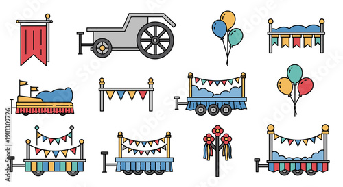 Colorful carnival train cars with balloons and banners