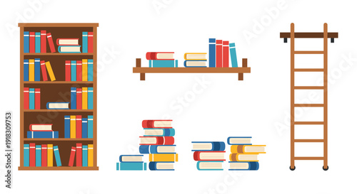 Colorful books and ladder on shelves
