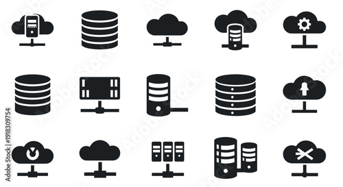 Collection of various computer server and cloud storage icons