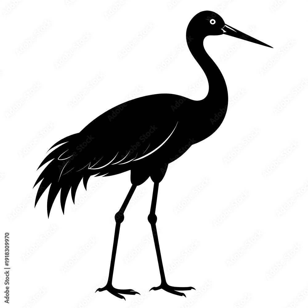 Fototapeta premium Black silhouette of a standing crane with a curved neck against a white background