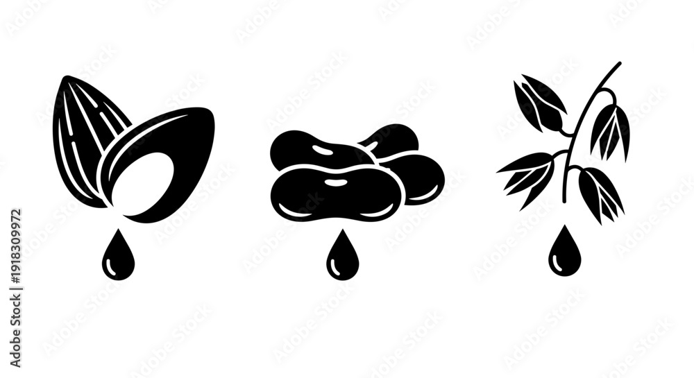 Fototapeta premium Black icons of almond, olive, and leaf with drops