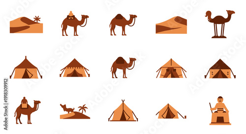 Desert icons with camels and tents