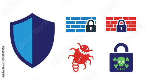 Cybersecurity icons including shield bug and lock symbols