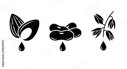 Black icons of almond, olive, and leaf with drops