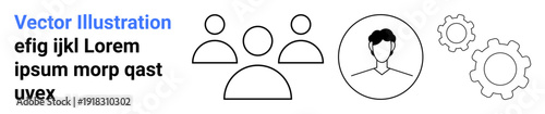 Teamwork, user profiles, system management, collaboration tools, process automation, identity verification. Group of people, a profile icon and gears. Teamwork and user profiles concept