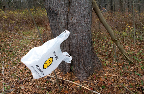 Φωτογραφία An unrecycled plastic shopping bag with a smiley face turned upside down in a fr