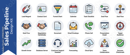 Premium Vector Icon Set of 20 Sales Pipeline and CRM Concepts in Flat Design with Minimal Shading; Includes Lead Magnet, Funnel Chart, Deal Flow, Negotiation Handshake, and Customer Support.