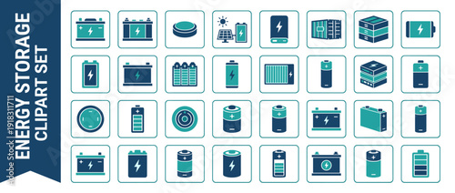 Vector Icon Set of 32 Energy Storage Batteries and Cells in Flat Design Duotone Style. Includes Car Batteries, AA, Button Cells, Solar Power Storage, Lithium-ion Units, and Industrial Power Solutions.