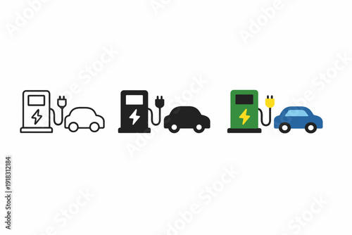 Electric and gasoline cars with charging and fuel stations icons