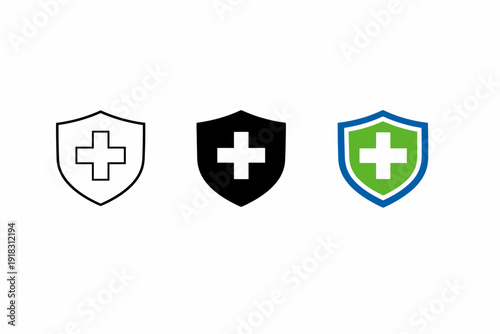 Minimalist shield icons with medical cross symbols in various styles