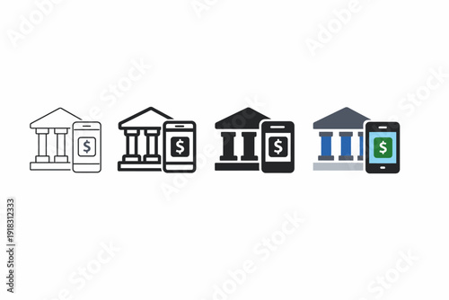 Mobile banking icons: colorful and monochrome bank and smartphone symbols