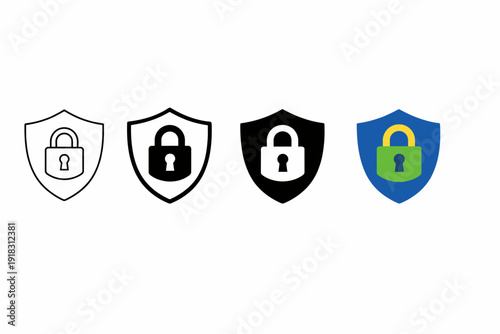 Padlock icons on shields: security and protection symbols in various styles