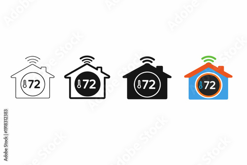 Smart home thermostat icons in various styles with temperature display