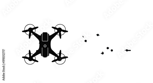 Modern drone flying with propeller motion blur and particle trail in clear airspace for technology and innovation concept